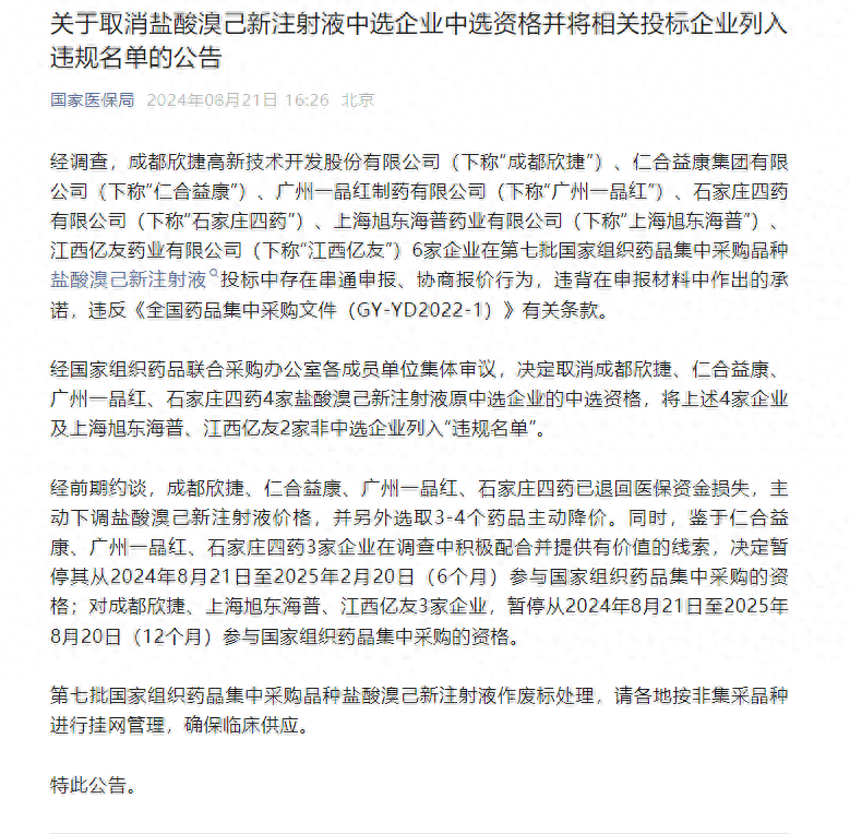 一品红、石四药等6家企业“集采串标”处理结果出炉：全部列入违规名单